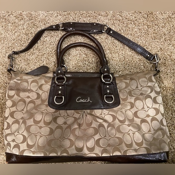 COACH Tan/Brown Ashley Signature Satin Satchel 2WAY Convertible Detachable Strap - Picture 6 of 14